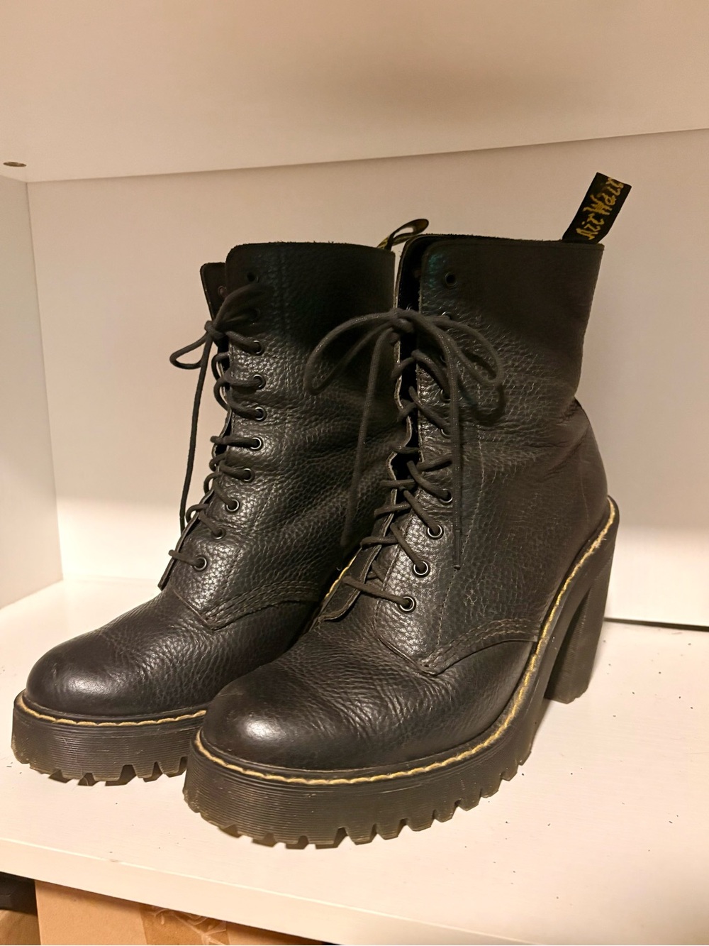 Dr. Martens Kendra 10-eye boots made from textured Aunt Sally leather
